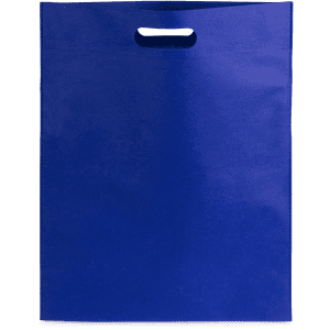 A blue promotional bag featuring a handle and a branded logo. Suitable for various uses.