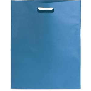 A blue promotional bag with a handle, featuring a simple and sleek design. The bag has a logo printed on it.