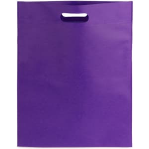A purple bag featuring a cut-out handle and a smooth surface, displaying a simple design.