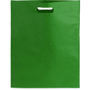 A green promotional bag with a handle, featuring a smooth surface and a solid design.