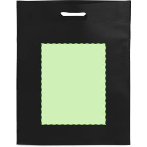 A black promotional bag with a handle and a blank green area for custom designs or logos.