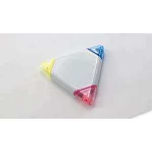 A triangular highlighter with blue, yellow, and pink ends, featuring a logo on its body.