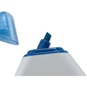 A highlighter with a blue chisel tip and a transparent blue cap, featuring a branding logo.