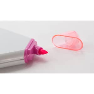 A pink highlighter with a chisel tip, alongside its transparent cap, resting on a white surface.