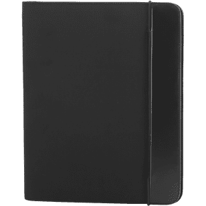 A black Mokai Folder featuring a sleek design, with a logo and a secure closure. Ideal for office use.