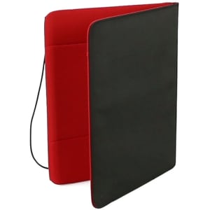 A red and black Mokai Folder with a smooth exterior and a flexible cover, designed for organising documents.