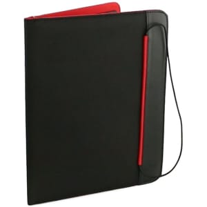 A black and red Mokai Folder with a smooth finish and a cord closure, featuring a logo.