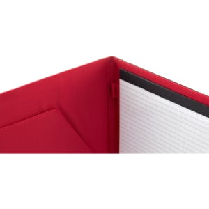 A red Mokai Folder featuring a lined notepad and a pocket for documents, with a sleek design and branding visible.