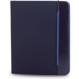 A navy and blue Mokai Folder with a sleek design and an elastic closure, featuring a branding logo.