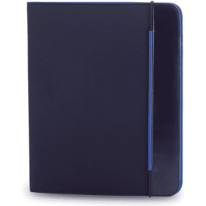 A navy blue folder with a sleek design and a contrasting blue accent, featuring a logo.