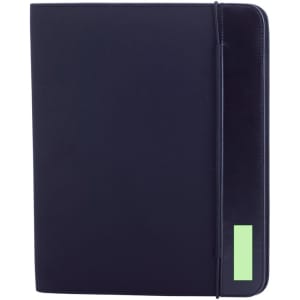 A dark navy folder with a smooth finish and an elastic closure, featuring a small green label area.