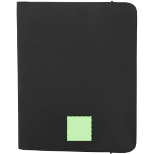 A black folder with a square green accent, designed for organisational purposes in an office setting.