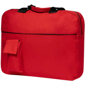 A red document bag with black trim, featuring a front pocket and dual handles for carrying.