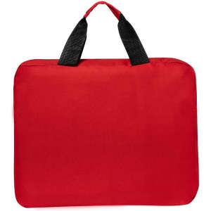 A red document bag with black handles, featuring a logo on the front.