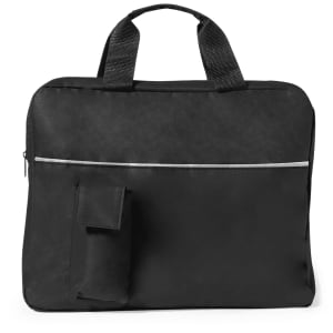 A black document bag with dual handles, featuring a front pocket and a logo. Made from durable material.
