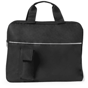 A black document bag with a handle, featuring a side pocket and a logo. Suitable for carrying files and essentials.