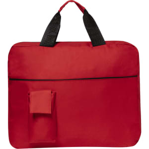 A red document bag with a black handle and a small pocket on the front. It has a simple design and a logo.