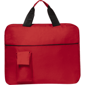 A red document bag featuring black handles and a side pocket, with a logo on the front.