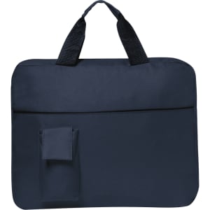 A navy document bag with dual handles and a side pocket. It features a logo.