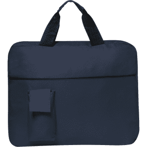 A navy document bag featuring dual handles and a front pocket, with an attached accessory pouch.