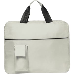 A grey document bag with black handles and a front pocket, featuring a simple design and a logo.