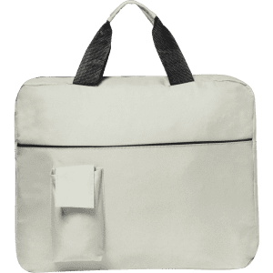 A beige document bag with black handles and a side pocket. It features a minimalist design and has a logo.