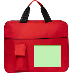 A red Konfer Document Bag with a front pocket and a blank area for branding, featuring black handles.