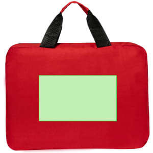 A red document bag with black handles and a blank green area for customisation.