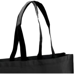 A black tote bag featuring long handles and a simple design, with a logo on one side.