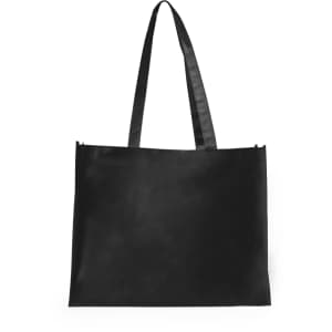 A large black tote bag with long handles and a simple design. It features a logo.