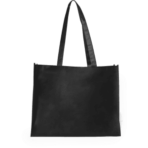 A black tote bag with two sturdy straps and a simple, sleek design. It features a logo on the front.