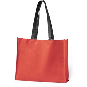A red tote bag with black handles. The bag features a simple design and has a logo.