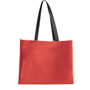 A red tote bag with black handles. The bag has a simple design and features a logo.