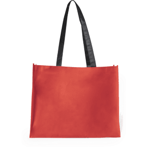 A red tote bag with black straps, featuring a logo on one side.
