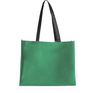 A green tote bag with black straps, featuring a branding logo. Ideal for carrying everyday items.