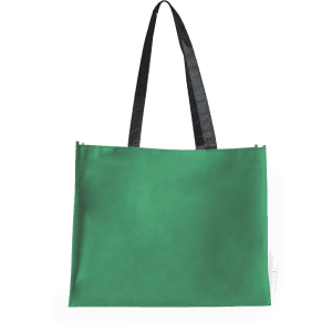 A green tote bag with black straps and a branding logo.