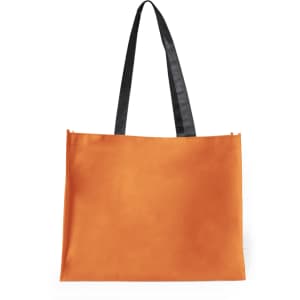 An orange tote bag with black straps and a simple design. It features a logo on one side.