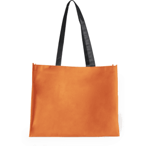 An orange tote bag with black handles and a branding logo.