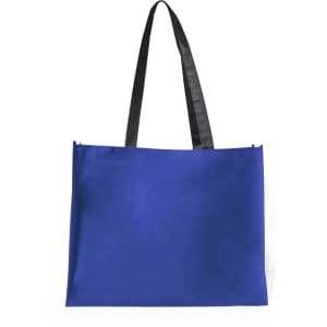 A blue tote bag with black straps and a simple design, featuring a logo.