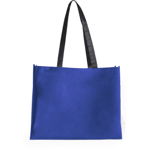 A blue tote bag with black straps and a simple design. It features a logo on one side.