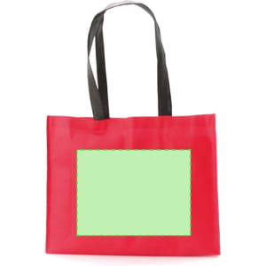 A red tote bag with black handles, featuring a blank green rectangle for customisation.