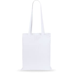 A white tote bag with two shoulder straps and a simplistic design. It features a logo on one side.