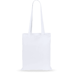 A plain white tote bag with two long handles and a simple design. It features a logo.