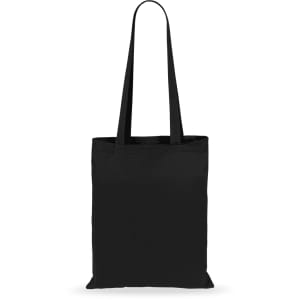 A black tote bag with long handles and a simple design, featuring a logo on the front.