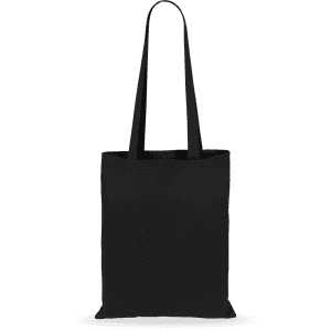 A black tote bag with two handles and a simple, minimalist design. It features a logo on one side.
