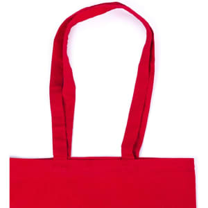 A red tote bag with long handles and a simple design, featuring a logo on the surface.
