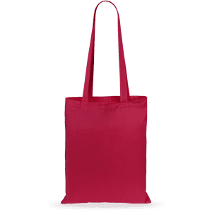 A red tote bag with two long handles and a plain design. It features a branding logo.