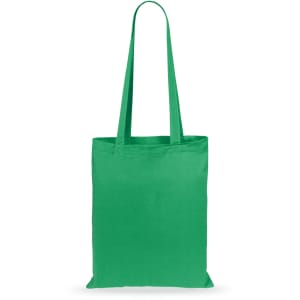 A green tote bag with two long handles and a simple, unadorned design. It features a logo.