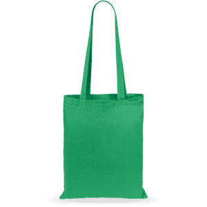 A green tote bag with long handles and a simple design. The bag features a branding logo.