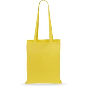 A yellow tote bag with long handles and a simple design, featuring a logo on one side.
